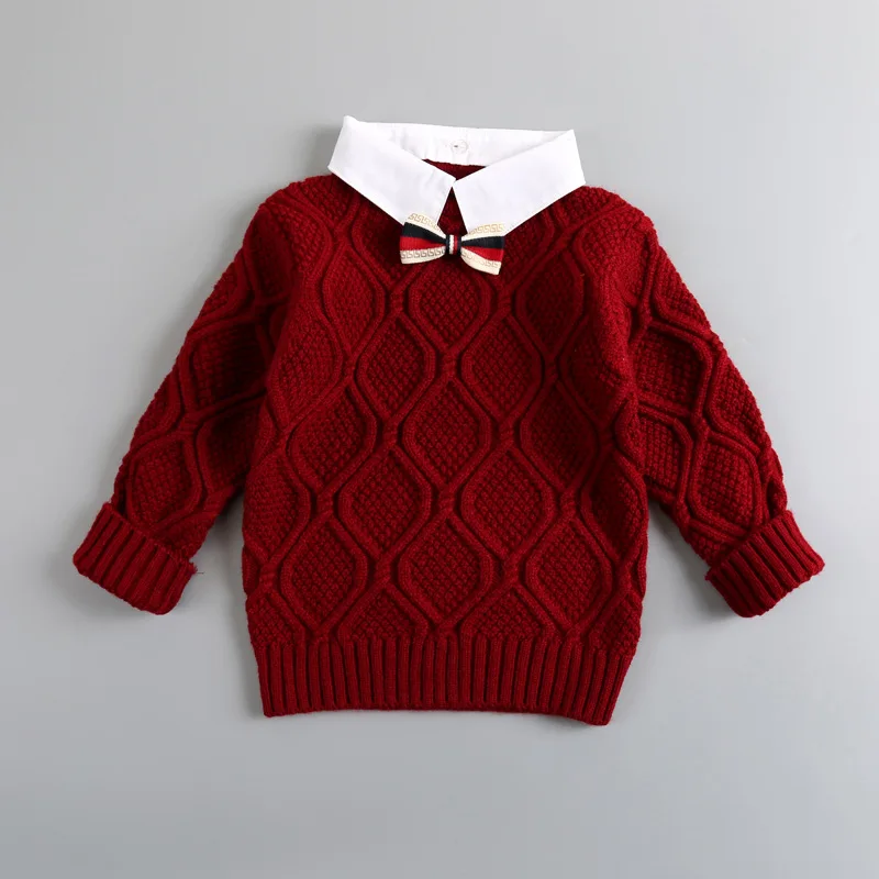 Новые модные детские однотонные свитера на осень и зиму, вязаная одежда для мальчиков, топы с отложным воротником и бантом - Цвет: red