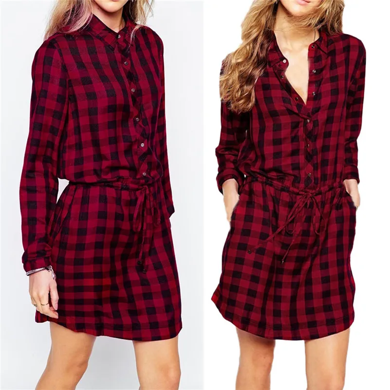 

Women's Red Plaid Long Sleeve Turn-Down Collar Shirt Dress With Belt de festa femme ete Vestidos Para Mulheres A1