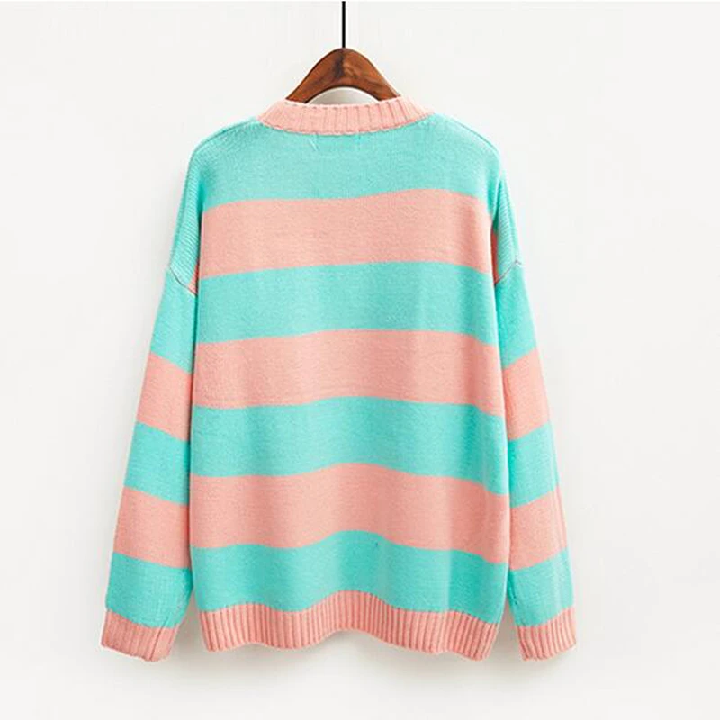 Harajuku women sweater 2018 korean new winter knitted sweaters cartoon embroidery candy-colored stripes loose pullover jumpers Harajuku women sweater 2018 korean new winter knitted sweaters cartoon embroidery candy-colored stripes loose pullover jumpers