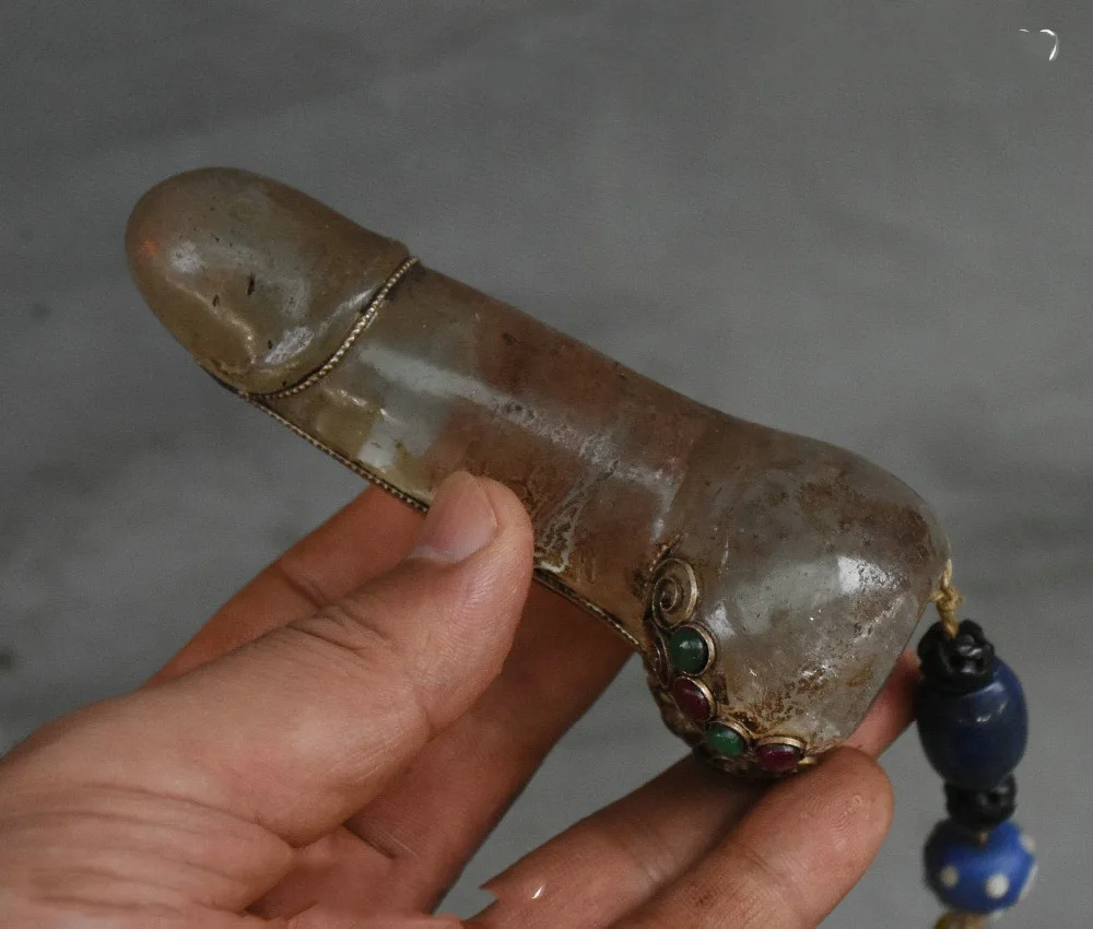

Christmas Old China crystal Hand Carved filigree Inlay Gem genitalia Totem Statue Pendant Halloween