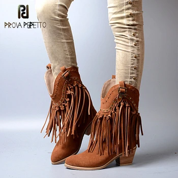 

Prova Perfetto Fashion Genuine Leather Cow Suede Tassels Spike High Heel Boots Metal Decoration Pointed Toe Women Martin Boots