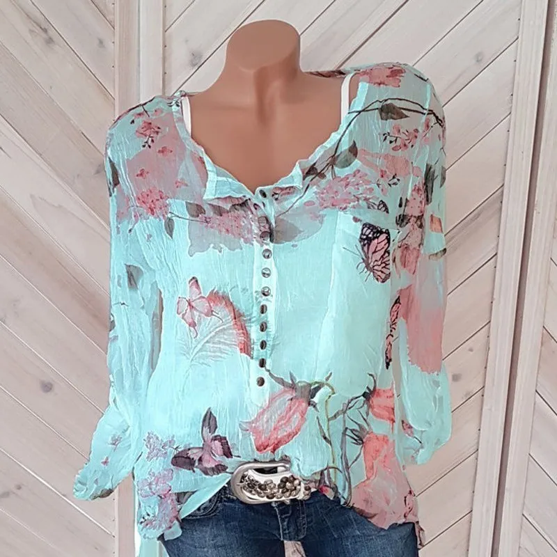 Blouse Women Summer Chiffon wrinkle translucent V-neck Shirt Sleeves Print Blusas Plus Size Womens Tops And Blouses 3xl 4xl 5xl