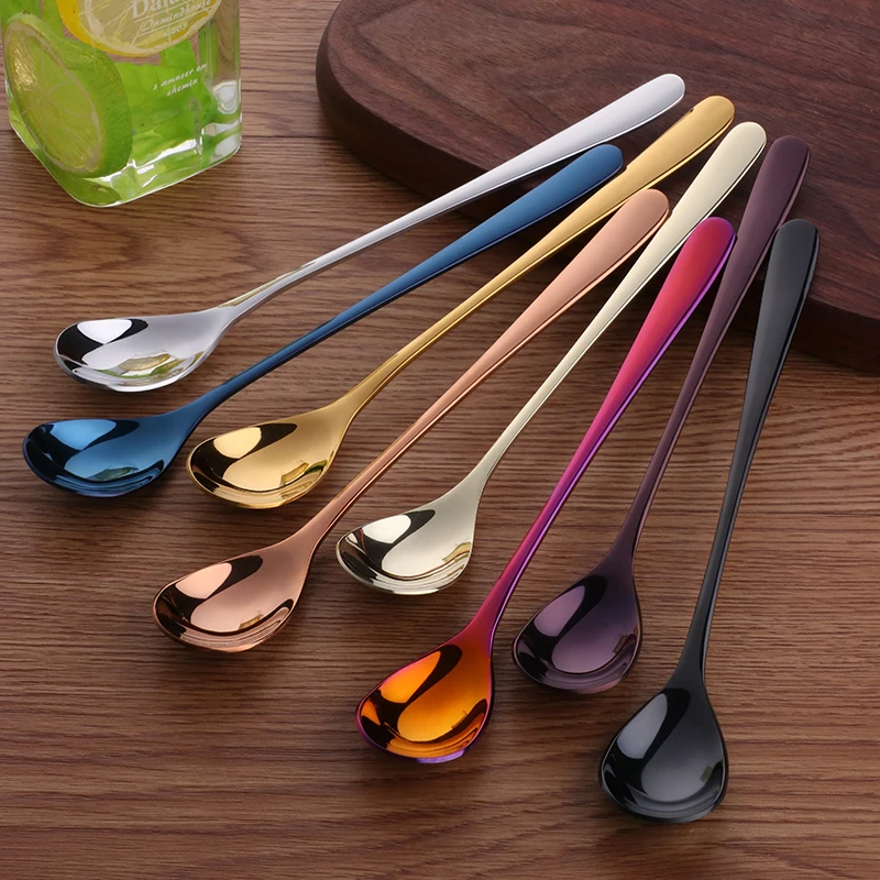 12pcs/lot Stainless Steel Coffee& Tea Spoon With Long Handle Kitchen Colourful Coffee Mixing spoons Ice Cream Dessert Spoons