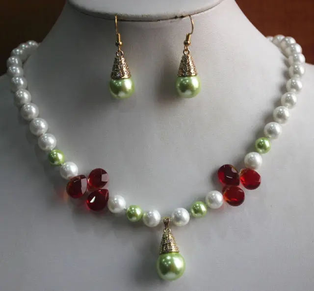 

free shipping>>> Fast shippingFashion 8mm Mixed Color Shell Pear/Jade/Crystal Necklace Earring Jewelry Set (A0511)