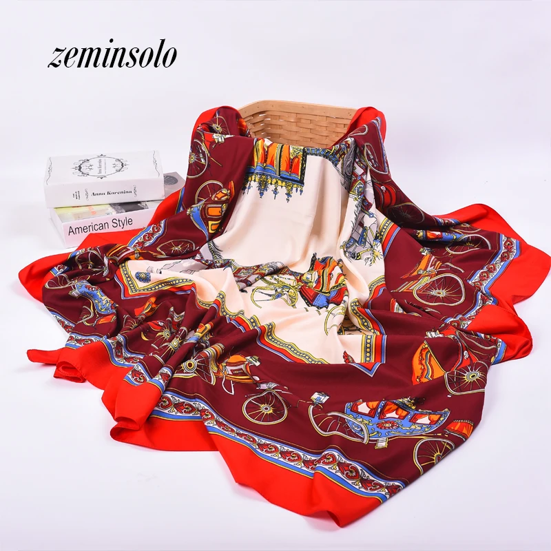 

Horse Carriage Satin Silk Scarf Women Shawl Spring Autumn Silk Scarf Square Smooth Thin Shawl Scarves For Women 130*130cm Stoles
