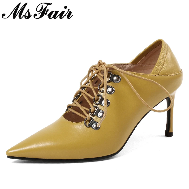

MSFAIR Pointed Toe Thin Heels Women Pumps Shallow High Heels Pumps 2018 Spring Cross tied Metal Decoration Women High Heel Shoes