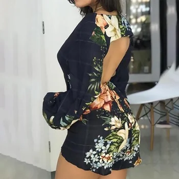 

2019 New-Coming Summer Women Playsuit Floral Print Lantern Sleeve Backless Rompers Long Sleeve Bodycon Button Street Wear