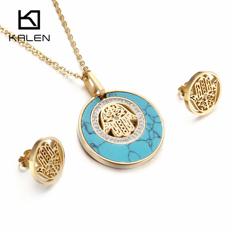 Kalen женский счастливый ювелирный синий из нержавеющей стали золотой цвет Фатима хамса Подвеска В Форме руки ожерелье и серьги набор для женских подарков
