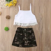 Летнее платье без рукавов кроп-топы, со шнуровкой и кисточками, комуфляжная юбка для девочек Костюмы милые наряды Детский комплект из 2 предметов детская одежда для малышки