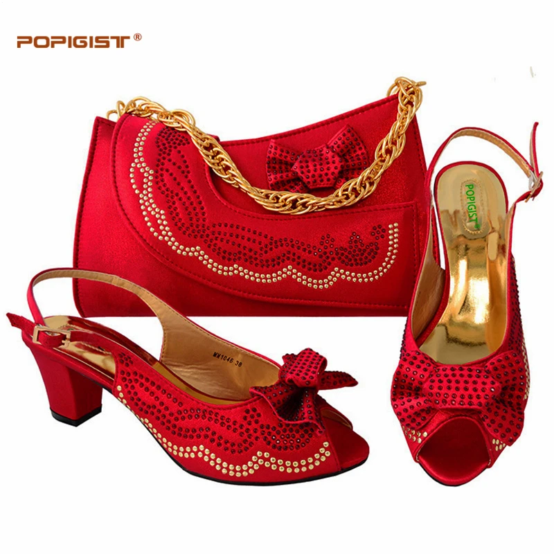 Wedding Red Italian Shoes and Bags To Match Shoes with Bag Set Decorated with Rhinestone