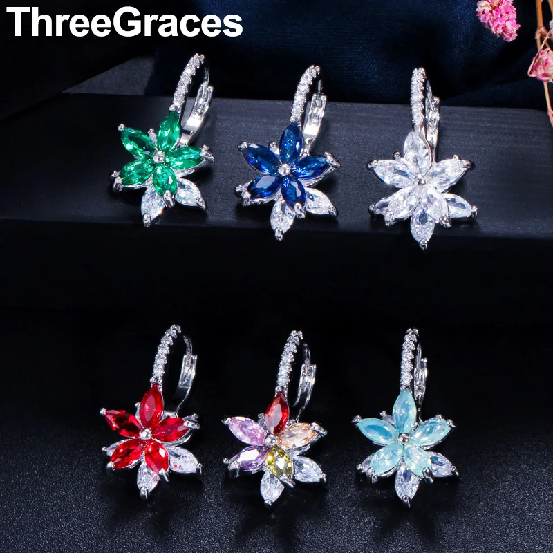 

ThreeGraces Fashion Multi Green Pink Red Cubic Zircon Crystal Marquise Cut Lovely Flower Party Stud Earrings for Ladies ER311