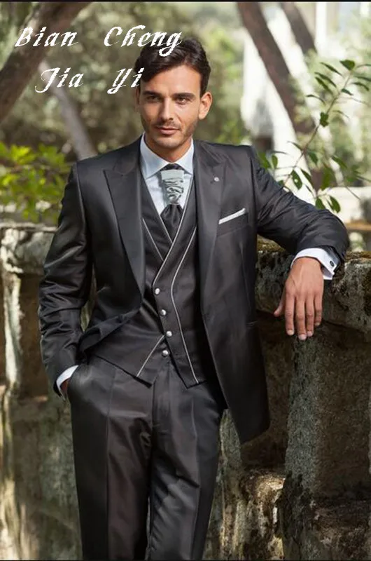 

High quality Soft Dark grey Bespoke Men's Wedding Suits Prom Groom Groomsmen Tuxedos Customed Party Casual 3 pieces Suits