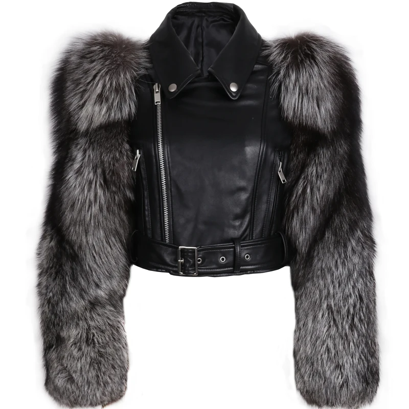 genuine leather jacket fur sleeve women real leather and fur jacket ...