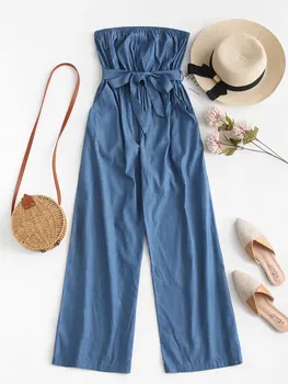

ZAFUL Chambray Belted Tube Jumpsuit Women Strapless Sleeveless Solid Cotton Straight Office Pants Wide Leg Pants Long Bottom