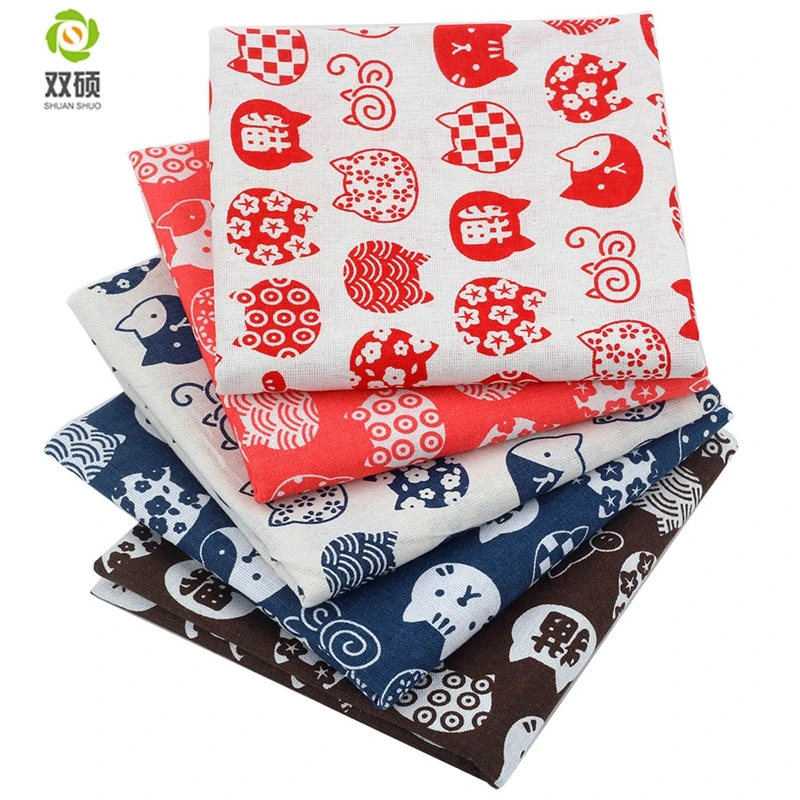 Shuanshuo мультяшный Кот принт хлопок льняная ткань DIY Украшение дома Лоскутная Ткань для подушки, хозяйственная сумка, 45X45 см 5 шт./лот