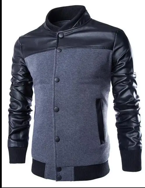 

Hot Sale Cool Autumn New Arrival Mens Stand Collar Knit Body&PU Sleeve Jacket Slim Fit Mens Outwear Jacket Coat Rib Bottom