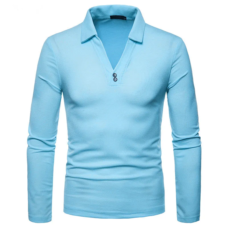 Рубашки поло с длинным рукавом для мужчин, приталенная рубашка, повседневные топы, футболки размера плюс, рубашки поло, одноцветные,,, высокое качество - Цвет: light blue v neck