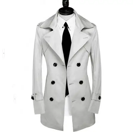 Серый тонкий Тренч средней длины мужское двубортное пальто с длинным рукавом