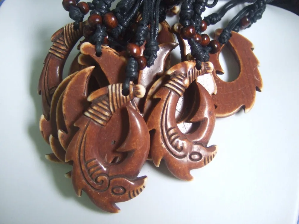 12pcs Carved yak Bone Fish Hook Pendant New Zealand Maori / Polynesian