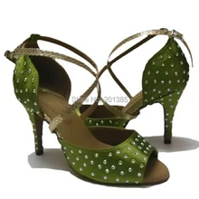 Новинка; ; Зеленые атласные туфли для бальных танцев с кристаллами; обувь для латиноамериканских танцев; все размеры