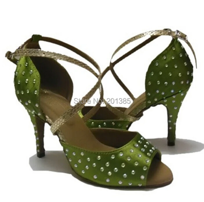 New Free Shipping Green Satin Crystal font b Salsa b font Ballroom Dance font b Shoes