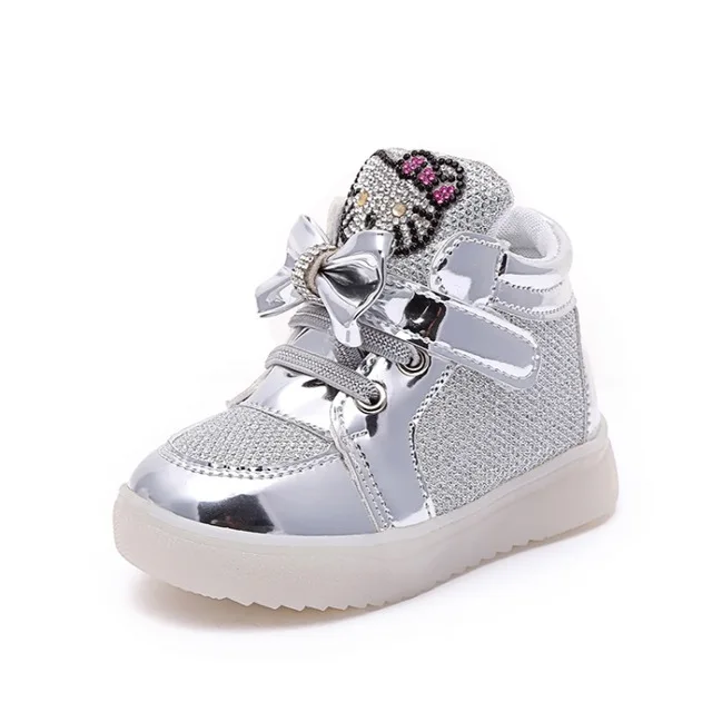 Г., «Hello kitty», для детей от 1 до 5 лет, туфли с бантиком для принцессы, для новорожденных, мягкий светодиодный, повседневная спортивная обувь для детей, светодиодный свет - Цвет: Серебристый