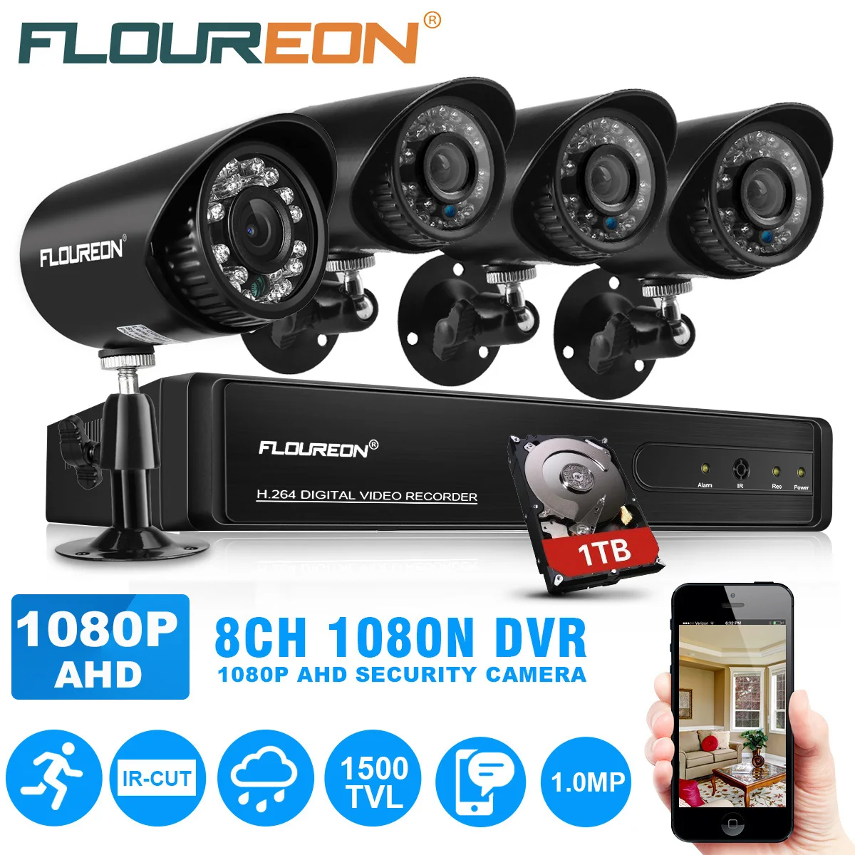Floureon 1 X 8CH 1080N AHD DVR + 4 Открытый 1500TVL 720 P 1.0MP аналоговая камера видеонаблюдения
