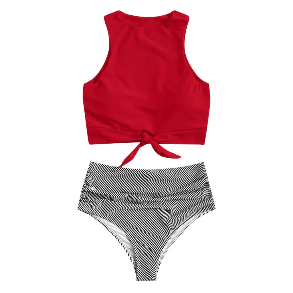 

Women's Bikini Solid Set Swimsuit Two Piece Knot Front Crop Top Swimsuit with Floral Bottom