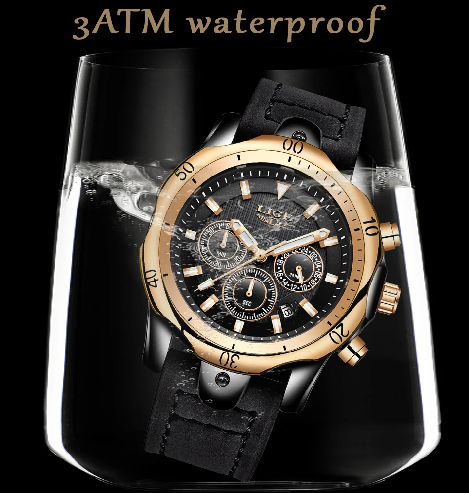 Для мужчин s часы lige Top Роскошные брендовые Повседневное кожаные кварцевые часы мужской спорт Водонепроницаемый часы, золотые часы Для