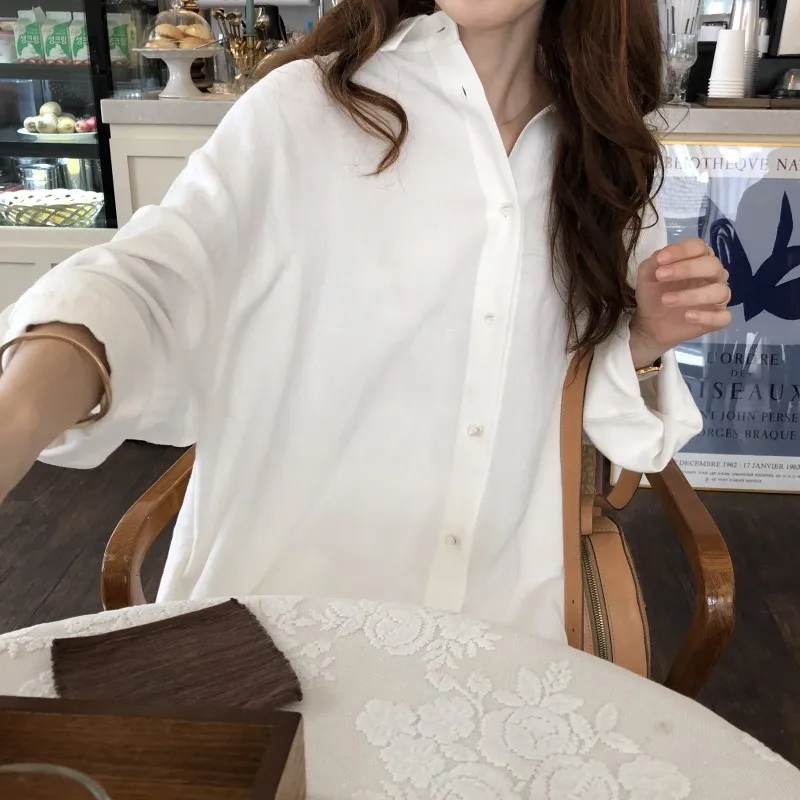 Beste Tops Blouses Wit Losse Nieuwe vrouwen Match Goede Kwaliteit Lente nieuwe vrouwen grote omvang losse lange katoenen linnen blouse