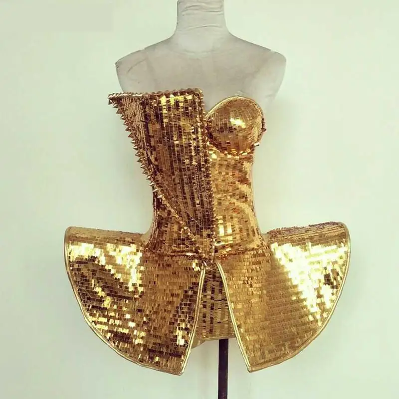 

Female Gold Sequins Bodysuit Sexy Jumpsuit Costumes Singer Dancer Nightclub Bar Fashion DJ Style One Piece DS Performance Wear