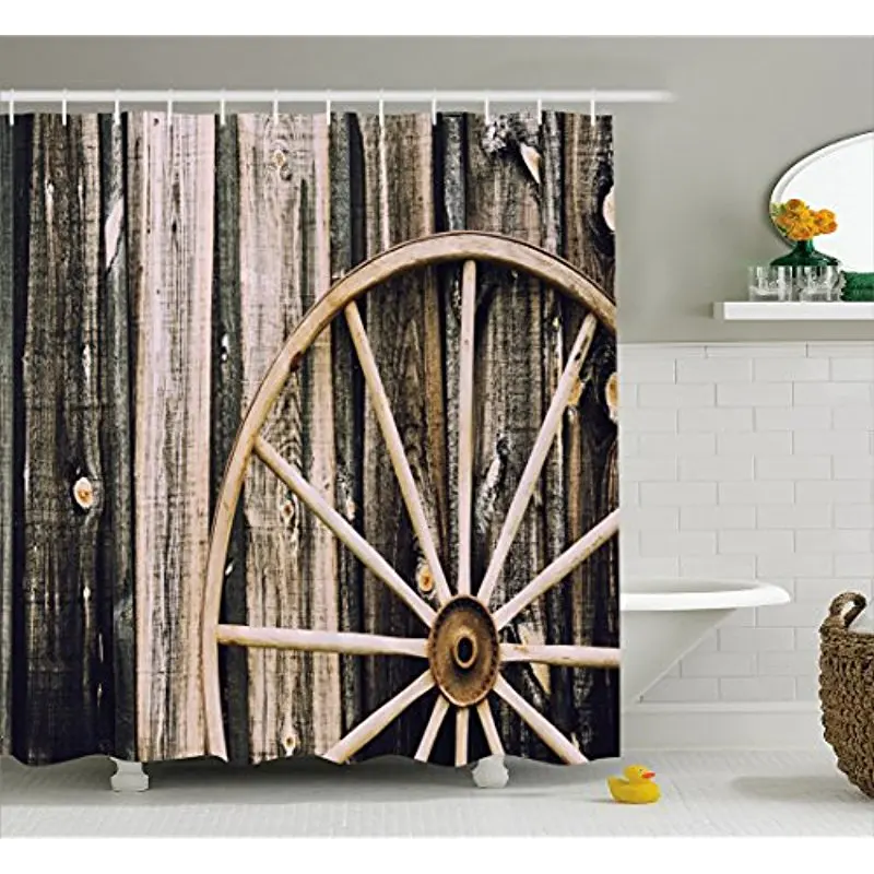 Vixm Barn Wood Wagon Wheel Shower Curtain Wooden Barn Door Vintage