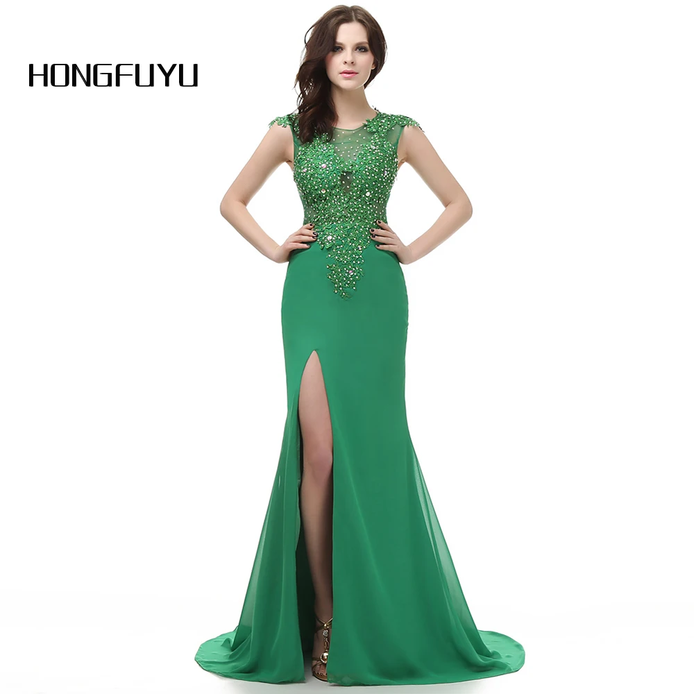 

High Slit Green Scoop Neck Appliques Long Prom Dresses 2019 Cap Sleeves Floor Length Satin Mermaid Beading Prom Dress DB273