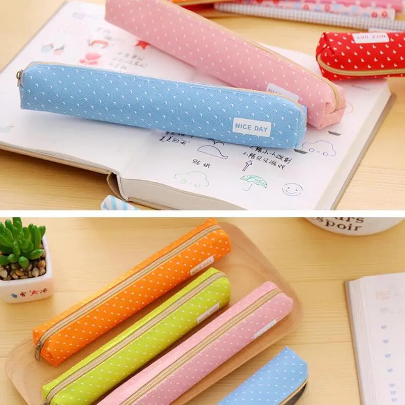 

1pc Candy Color Long Wave Dot Pencil Case Canvas Zipper Pencil Bag For Girls 17x3x3cm Stationery Fournitures Scolaires