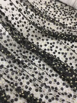 

Black and gold colors glued glitter sequins lace African French tulle lace fabric with beads for sexy dress