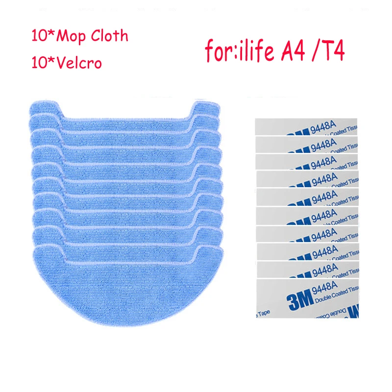 10Mop Cloth+10Velcro for ILIFE A4 Robot Vacuum Cleaner Parts chuwi ilife a4 T4