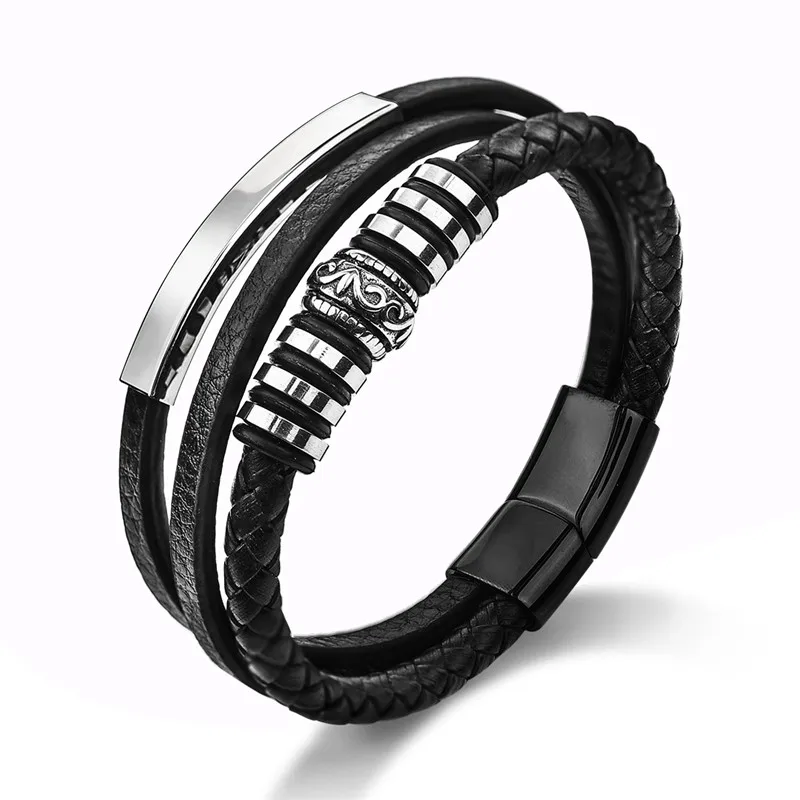 

Ourania Fashion Leather Bracelet for Men Black Braid Multilayer Rope Chain Stainless Steel Magnetic Clasp Male Jewelry Gifts