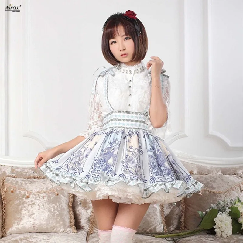 

Romantic Above Knee, Mini Lolita Suspender Skirts Womens Blue Polyester Lace Animal Print Sweet Fresh Ball Gown Lolita Skirts