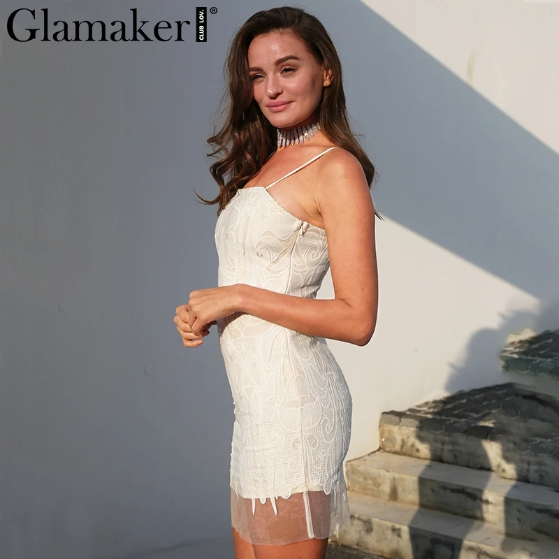 Женский сетчатый сарафан Glamaker белый кружевной мини с открытой спиной вечерние