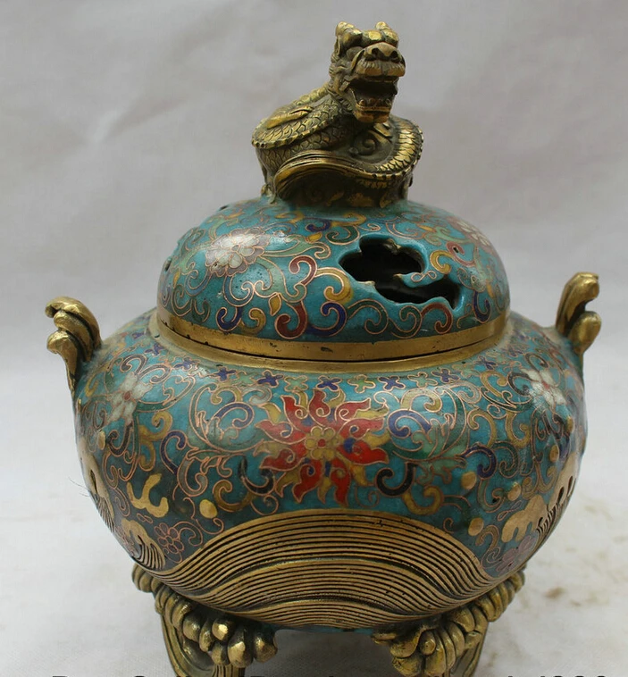 

Elegant old S2022 9" Chinese Dynasty Cloisonne Bronze Gild 3 Foot dragon Incense Burner Censer statue (A0322) A0403