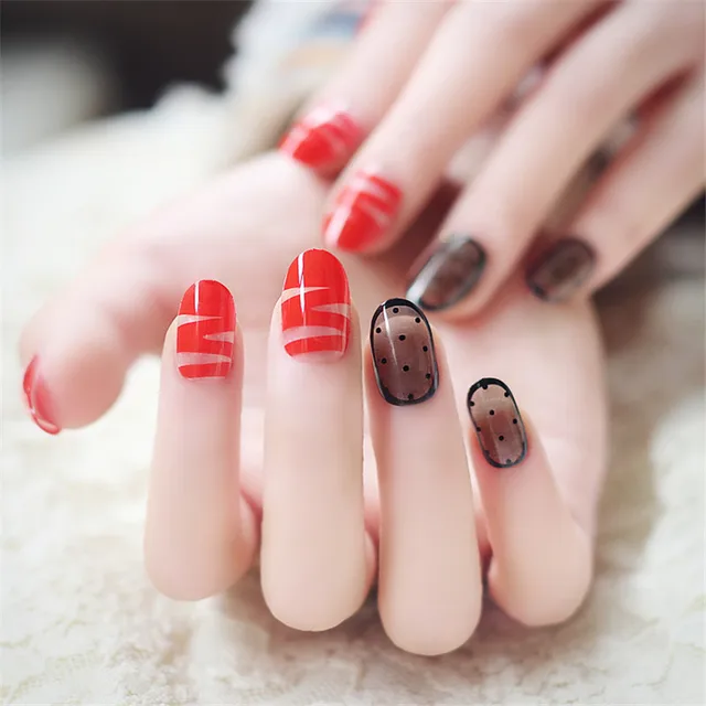 24pcs Set False Nails Red Ribbon Style Black Lace Design Tips 24pcs Set False Nails Red Ribbon Style Black Lace Design Tips Nail Make Up