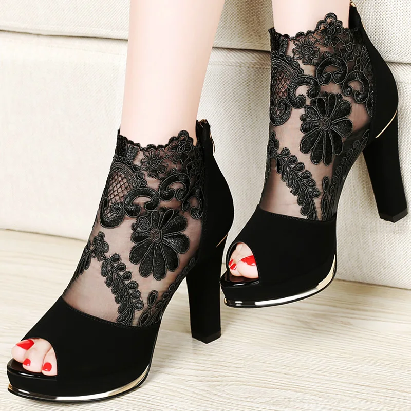 Thick with the fish mouth shoes women's high-heeled shoes Europe and America mesh shoes 2018 spring and summer new Thick with the fish mouth shoes women's high-heeled shoes Europe and America mesh shoes 2018 spring and summer new