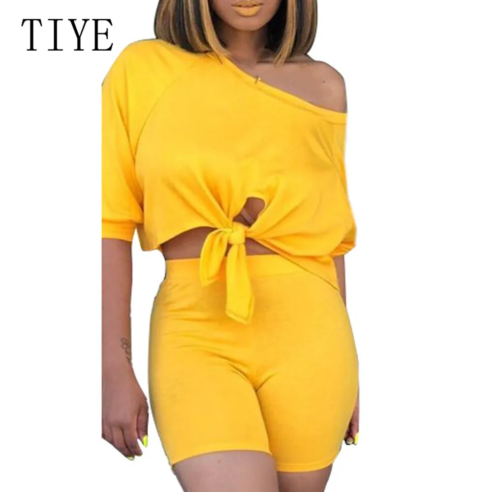 TIYE Two Pieces Sets Off Shoulder Short Sleeve Crop Top and Slim Pants Summer Hollow Out Casual Go Out Playsuits Plus Size XXL - Цвет: Цвет: желтый