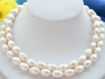 

fast 9-10mm white Rice freshwater pearl necklace 32" LL001 AAA