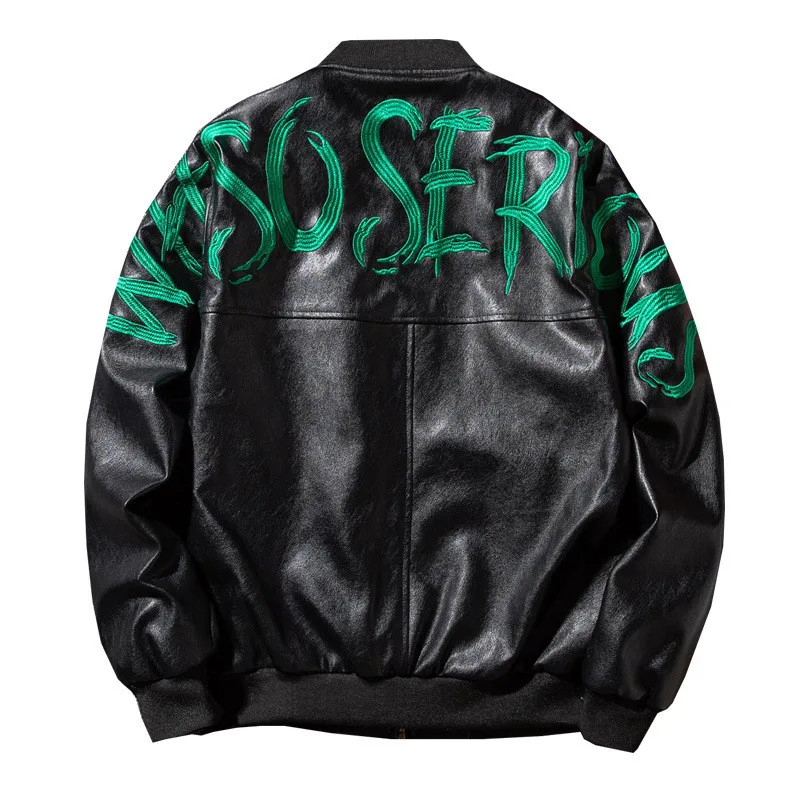 

MORUANCLE Fashion Men's Leather Flight Bomber Jackets With Letter Embroidery Biker Baseball Jacket Motorcycle Outerwear For Male