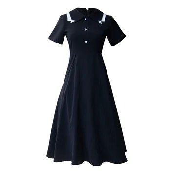 

Retro 50s60s Academy Style Peter pan Collar Black Hepburn Temperament High Waist Short Sleeve Party Dress Female Summer