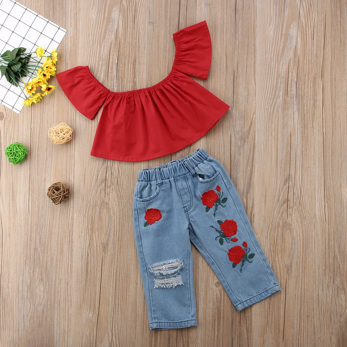 Toddler Kids Baby Girls Crop Top T-shirt Ripped Jeans Pants Clothes Outfits