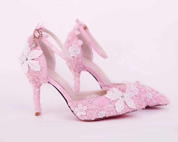 11_2017 Spring Blue Lace Flower Bridal Shoe White Pearl Diamond Rhinestone Wedding Shoes Pointed High Heel Sandals For Ladies
