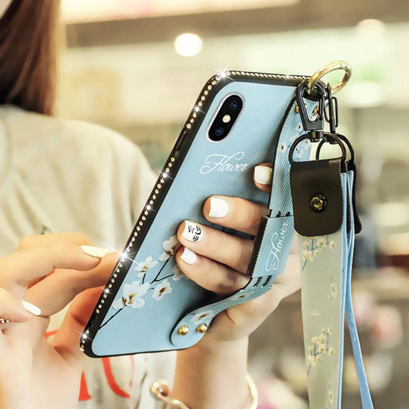 

Diamond Retro Wristband Phone Case For iPhone 6 6s 7 8 Plus X 10 XR XS Max Flower Cloth Soft + TPU Two Lanyard Stand Back Cover