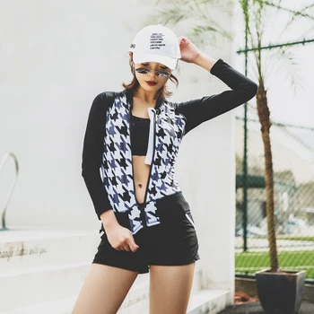 

Rash Guard Korean Women 3 Pieces Swimwear Boxer Long Sleeve Zipper Sunscreen Surfing Diving Leisure Three-pieces Swimsuit